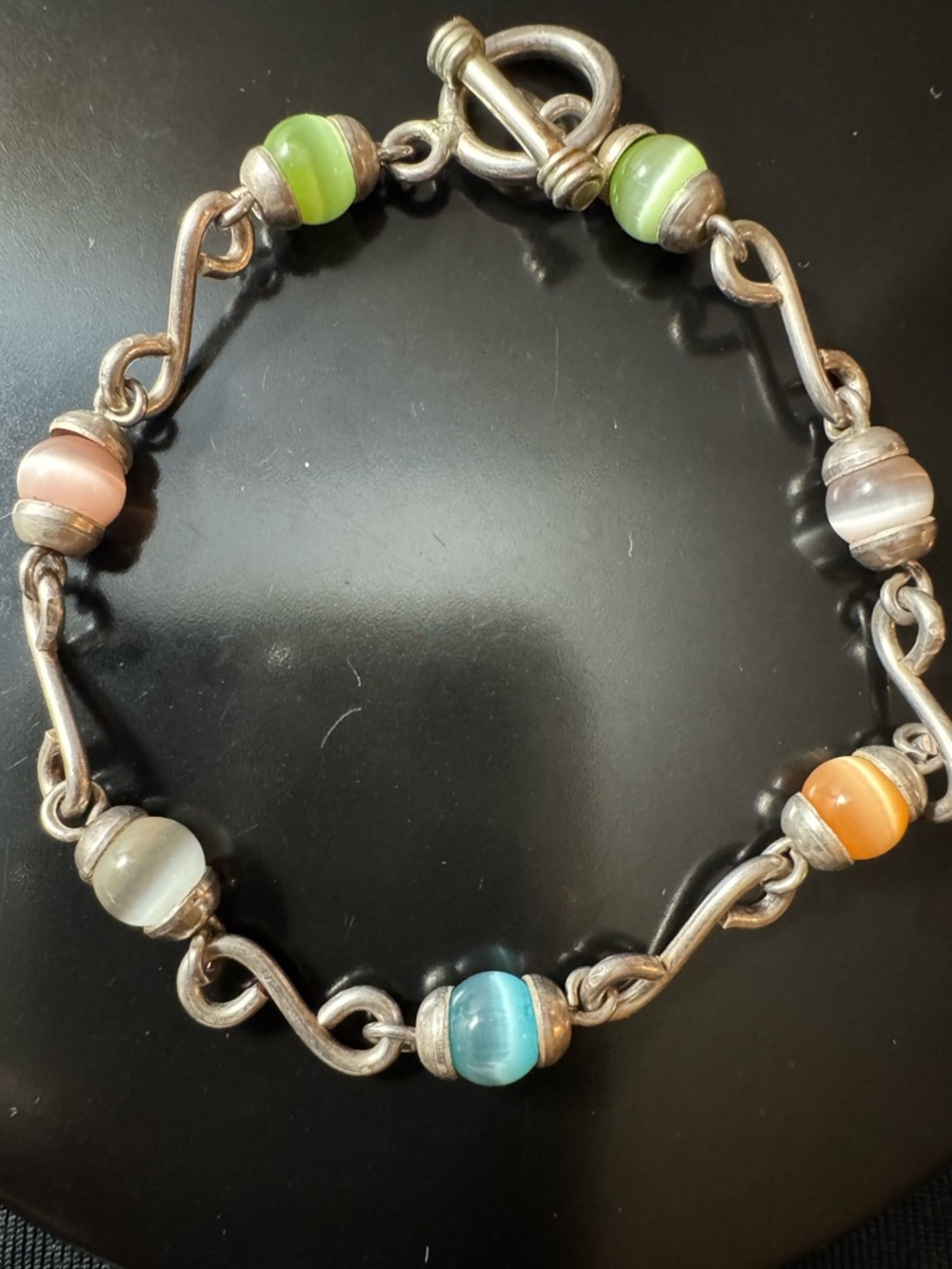 Sterling Silver Cats Eye Glass Bracelet 7.5” Artisan Beaded Toggle Multi Pastels